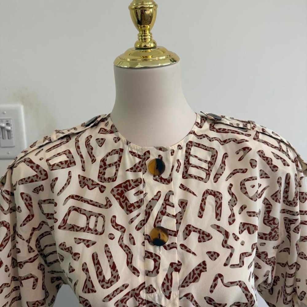 Vintage Liz Claiborne Cream & Brown Abstract Print Dress | Size Petite 10 - Picture 2 of 7